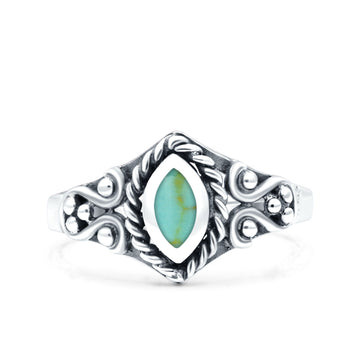 Vintage Style Marquise Simulated Turquoise Ring Solid Oxidized 925 Sterling Silver
